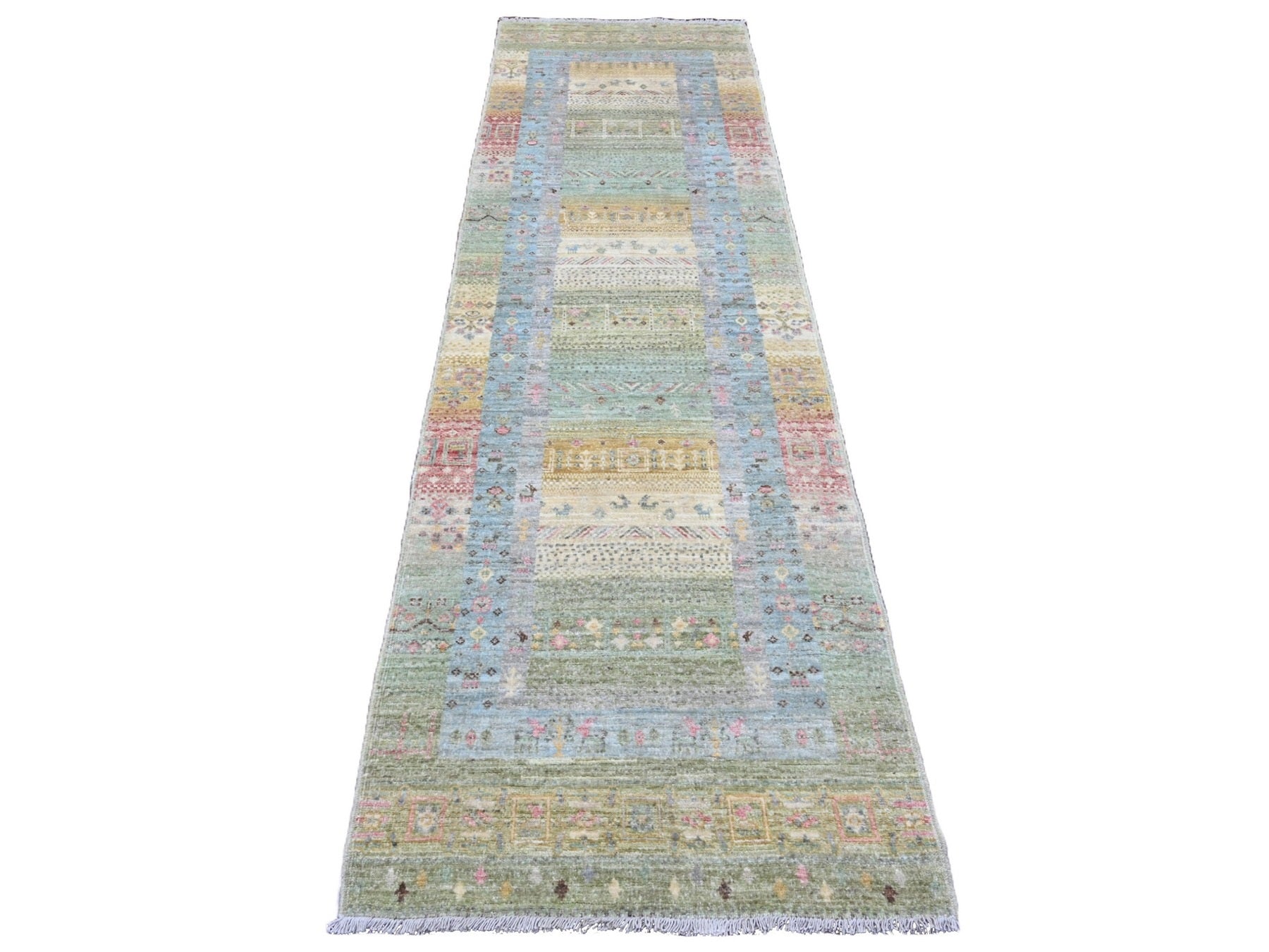 Green 2'9" x 9'7" Tribal Hand knotted Wool Rug - Sku: O020127
