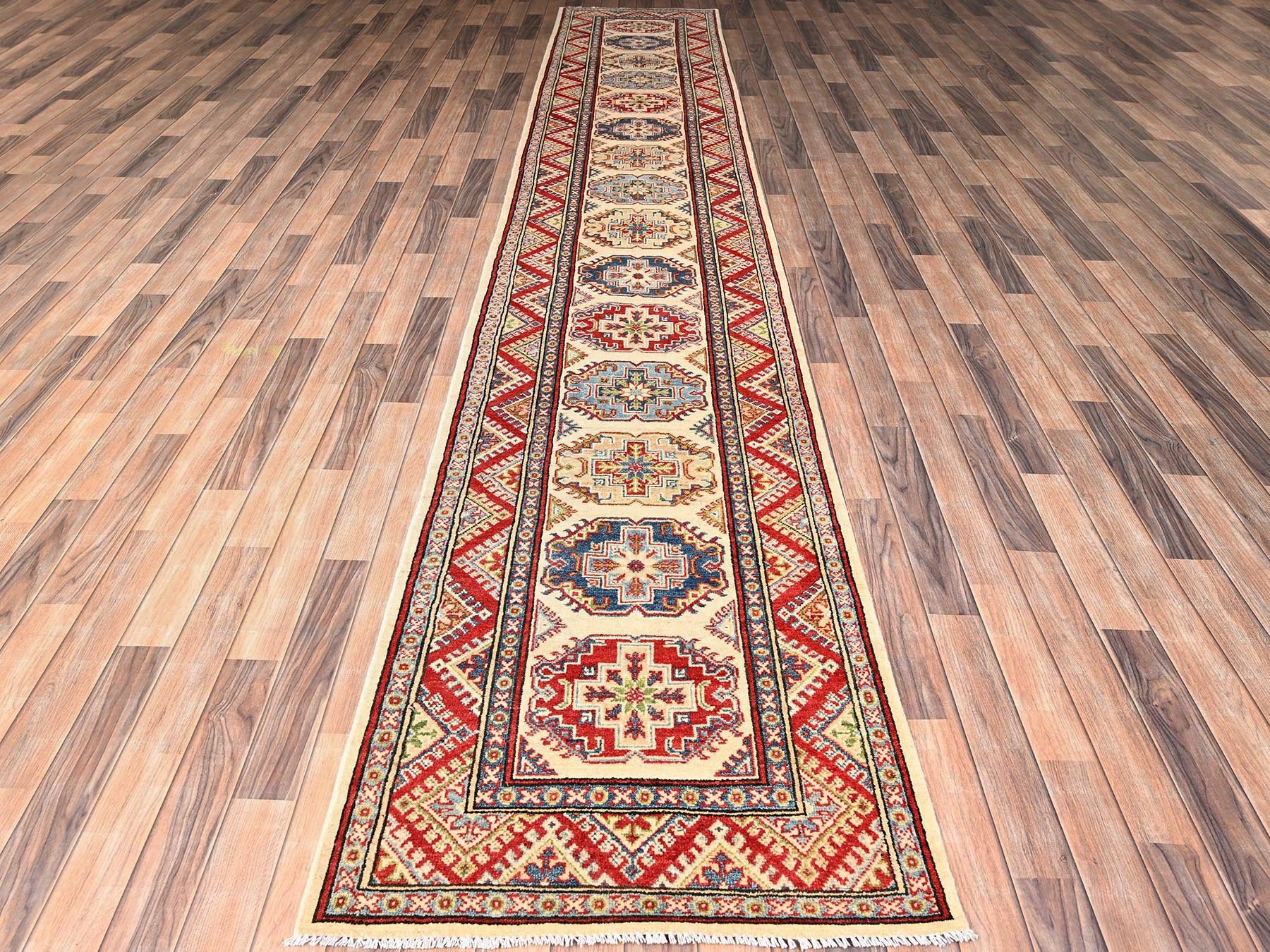 Ivory 2'9" x 15'5" Kazak Hand knotted Wool Rug - Sku: O02013