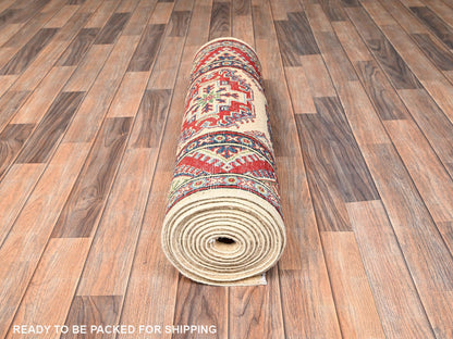 Ivory 2'9" x 15'5" Kazak Hand knotted Wool Rug - Sku: O02013