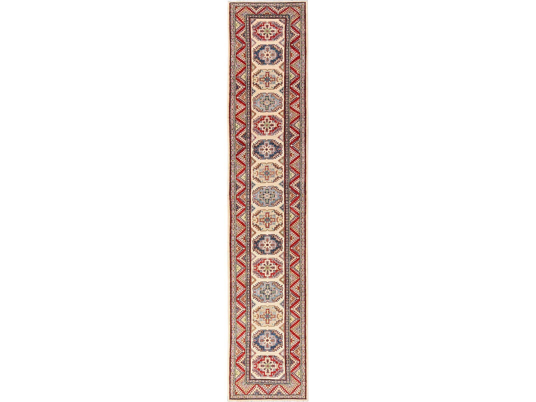 Kazak Kazak hand-knotted wool runner in Ivory & Colorful, 3' x 15'5" — SKU O02016
