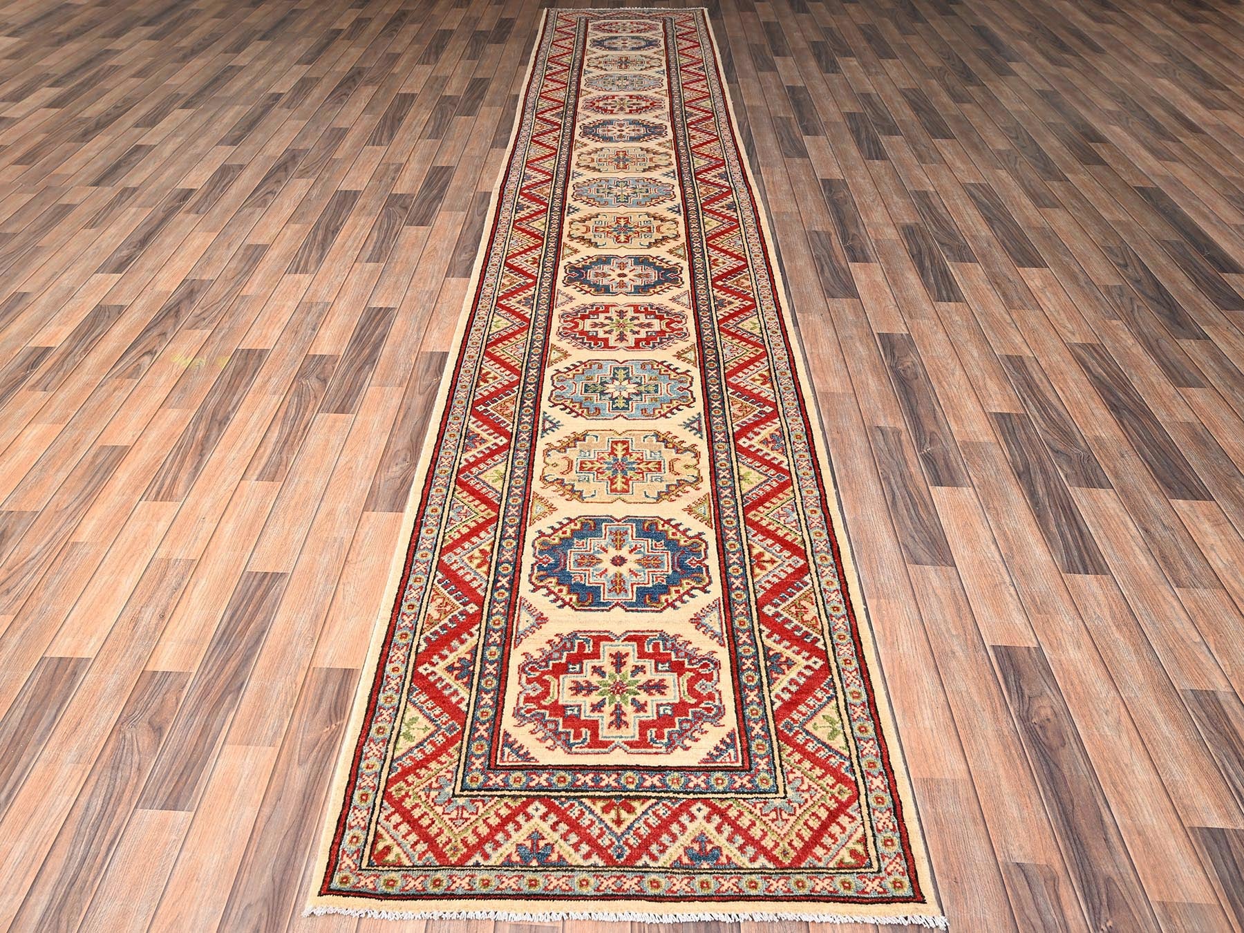 Kazak Kazak hand-knotted wool runner in Ivory & Colorful, 3' x 15'5" — SKU O02016 (view 2)