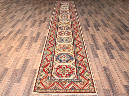 Kazak Kazak hand-knotted wool runner in Ivory & Colorful, 3' x 15'5" — SKU O02016 (view 2)