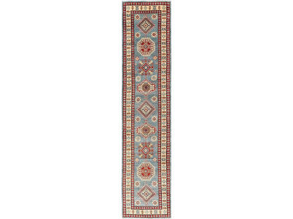 Blue 2'10" x 13'5" Kazak Hand knotted Wool Rug - Sku: O02017