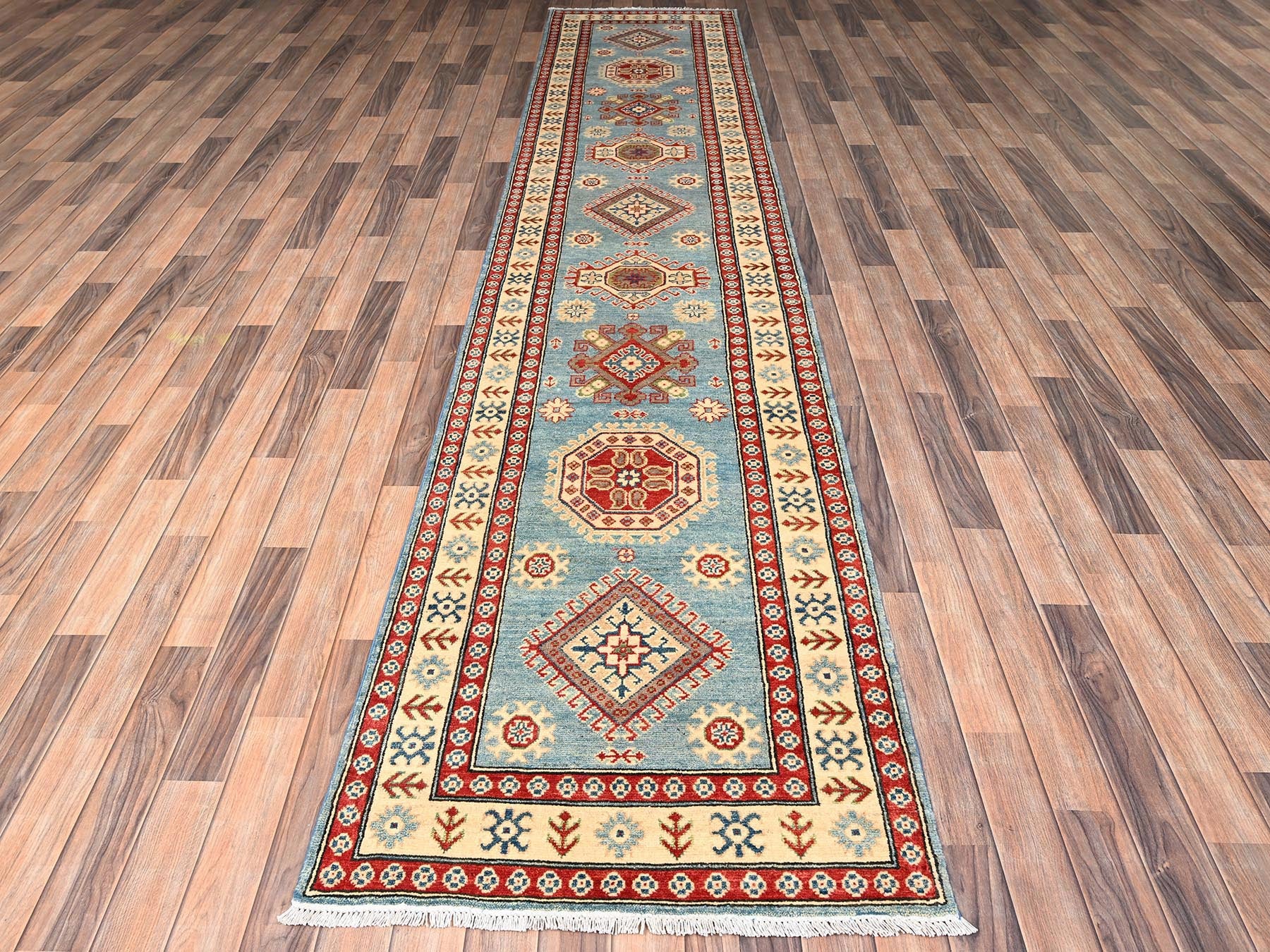 Blue 2'10" x 13'5" Kazak Hand knotted Wool Rug - Sku: O02017