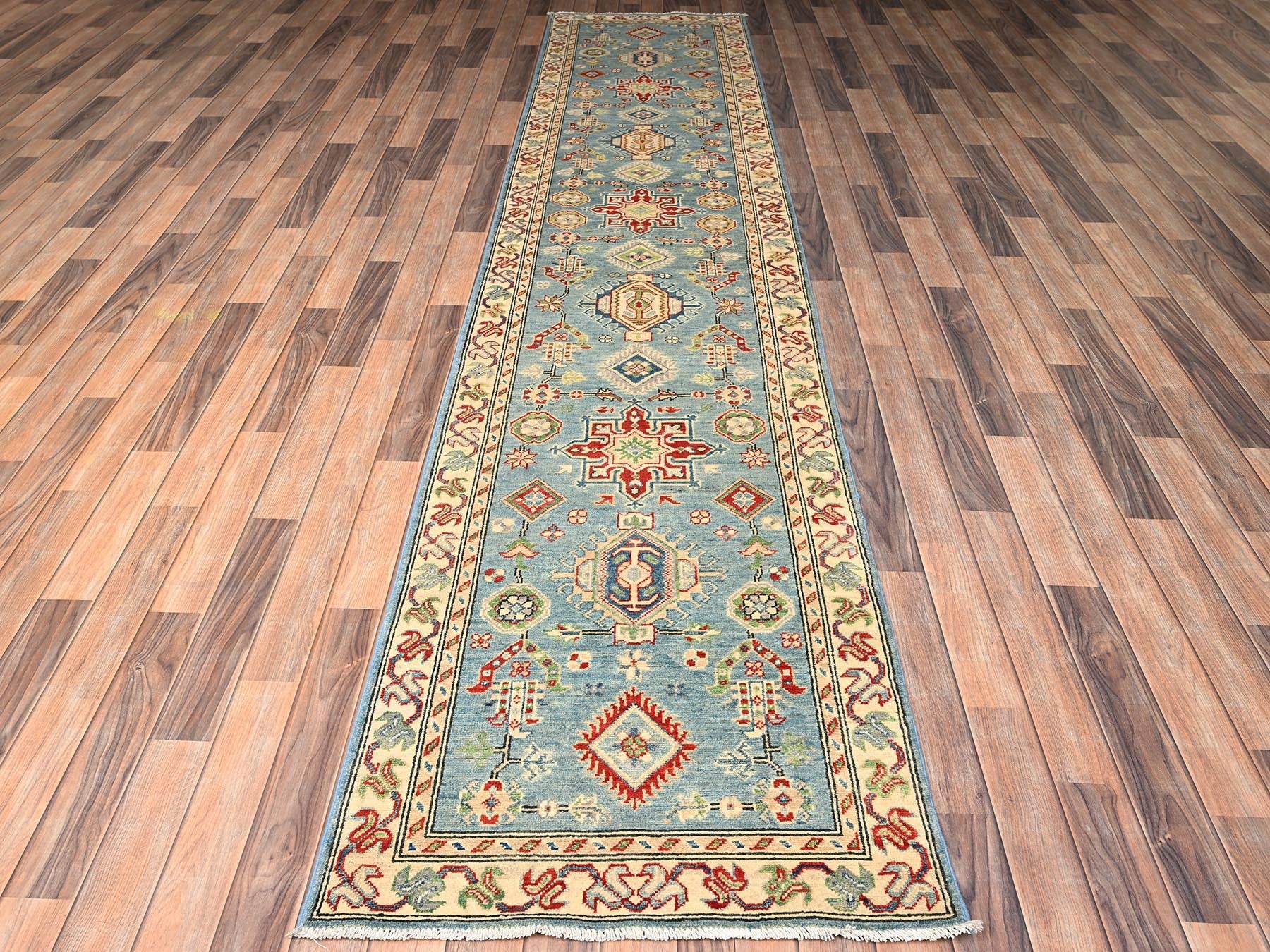 Blue 2'9" x 12'9" Kazak Hand knotted Wool Rug - Sku: O02019