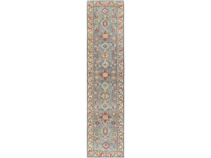 Blue 2'9" x 12'9" Kazak Hand knotted Wool Rug - Sku: O02020