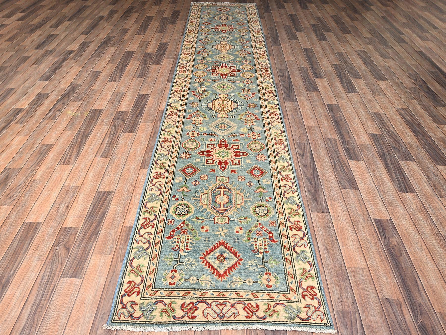 Blue 2'9" x 12'9" Kazak Hand knotted Wool Rug - Sku: O02020