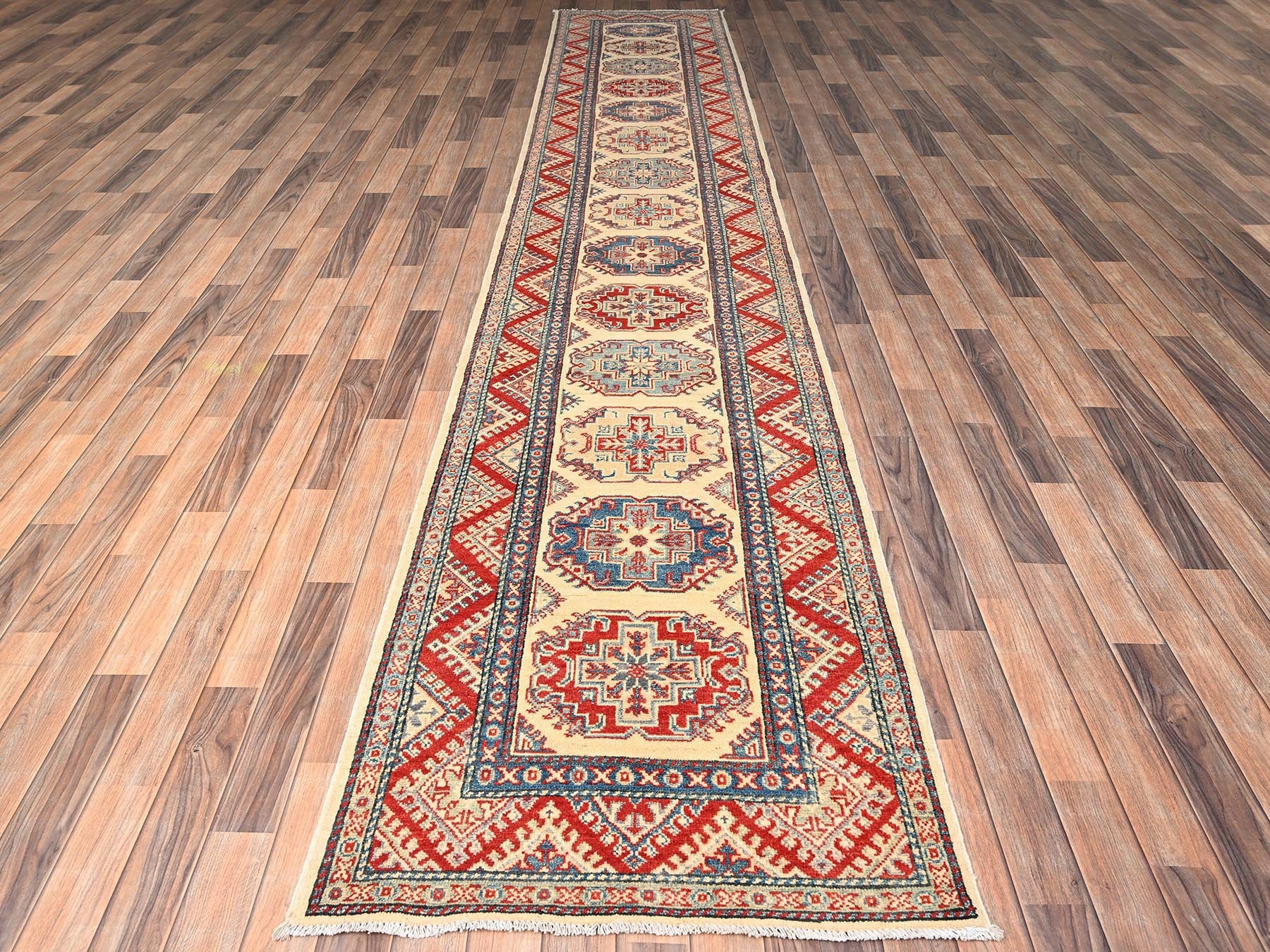 Ivory 2'11" x 15'3" Kazak Hand knotted Wool Rug - Sku: O02021