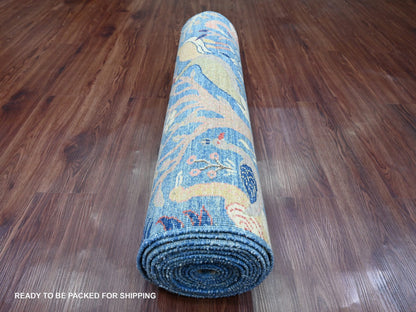 Blue 3'1" x 19'4" Oushak And Peshawar Hand knotted Wool Rug - Sku: O020269