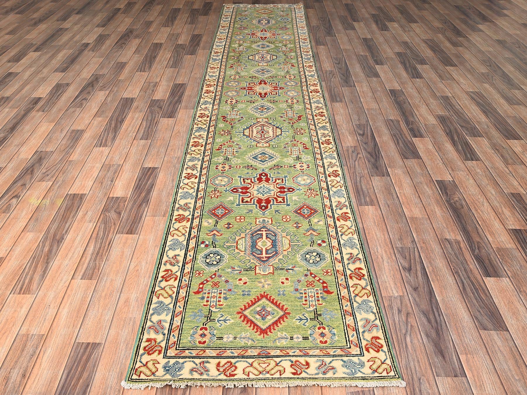 Green 2'8" x 12'11" Kazak Hand knotted Wool Rug - Sku: O02027