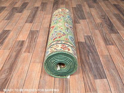 Green 2'8" x 12'11" Kazak Hand knotted Wool Rug - Sku: O02027