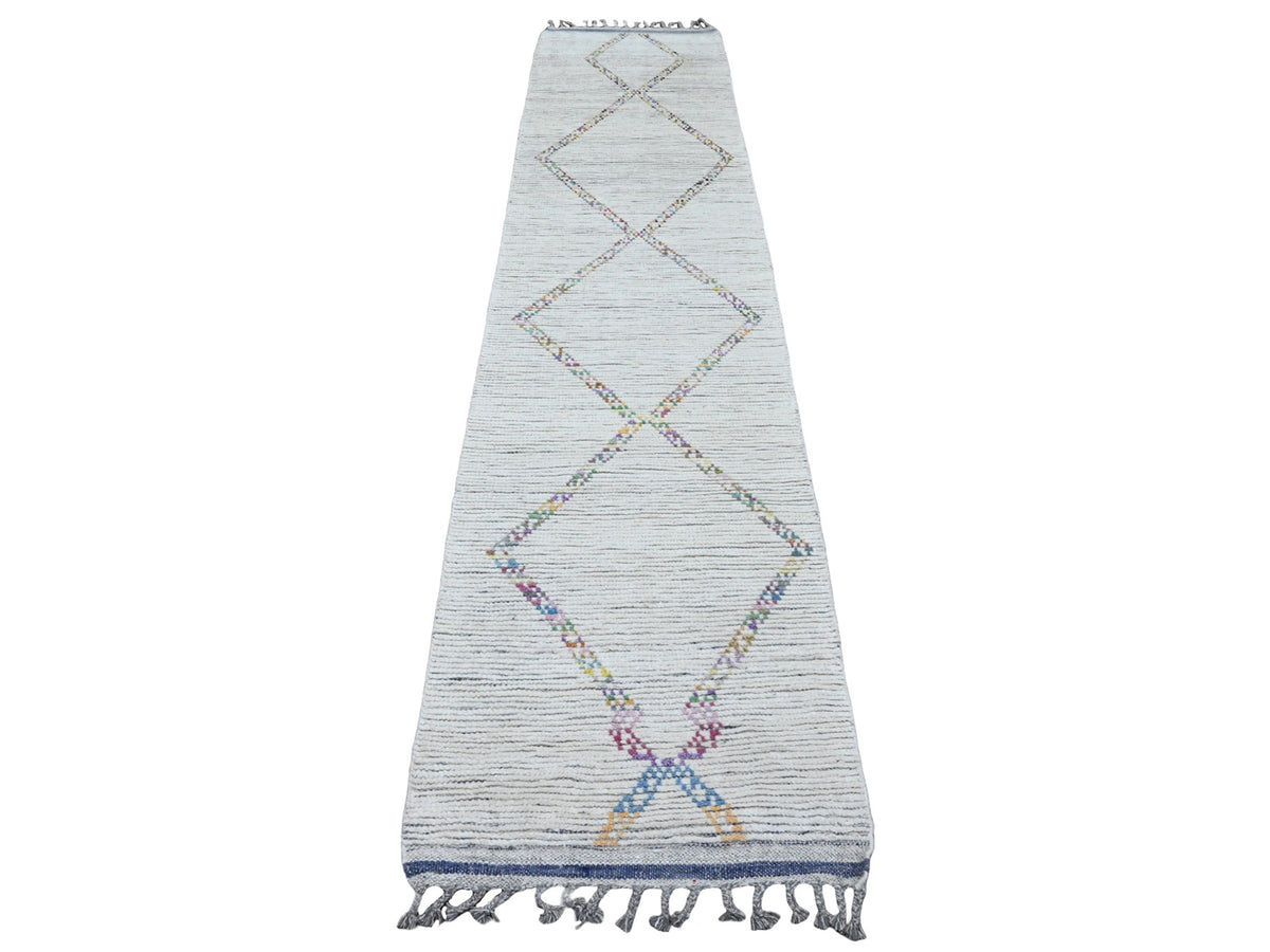Tribal & Geometric hand-knotted wool runner in Ivory, 2'4" x 10'7" — SKU O020283