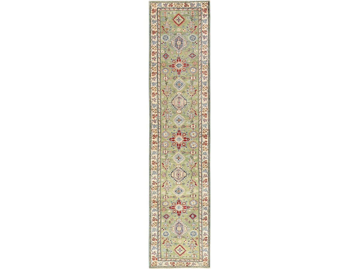 Kazak Tribal hand-knotted wool runner in Green, 2'8" x 12'7", SKU O02028