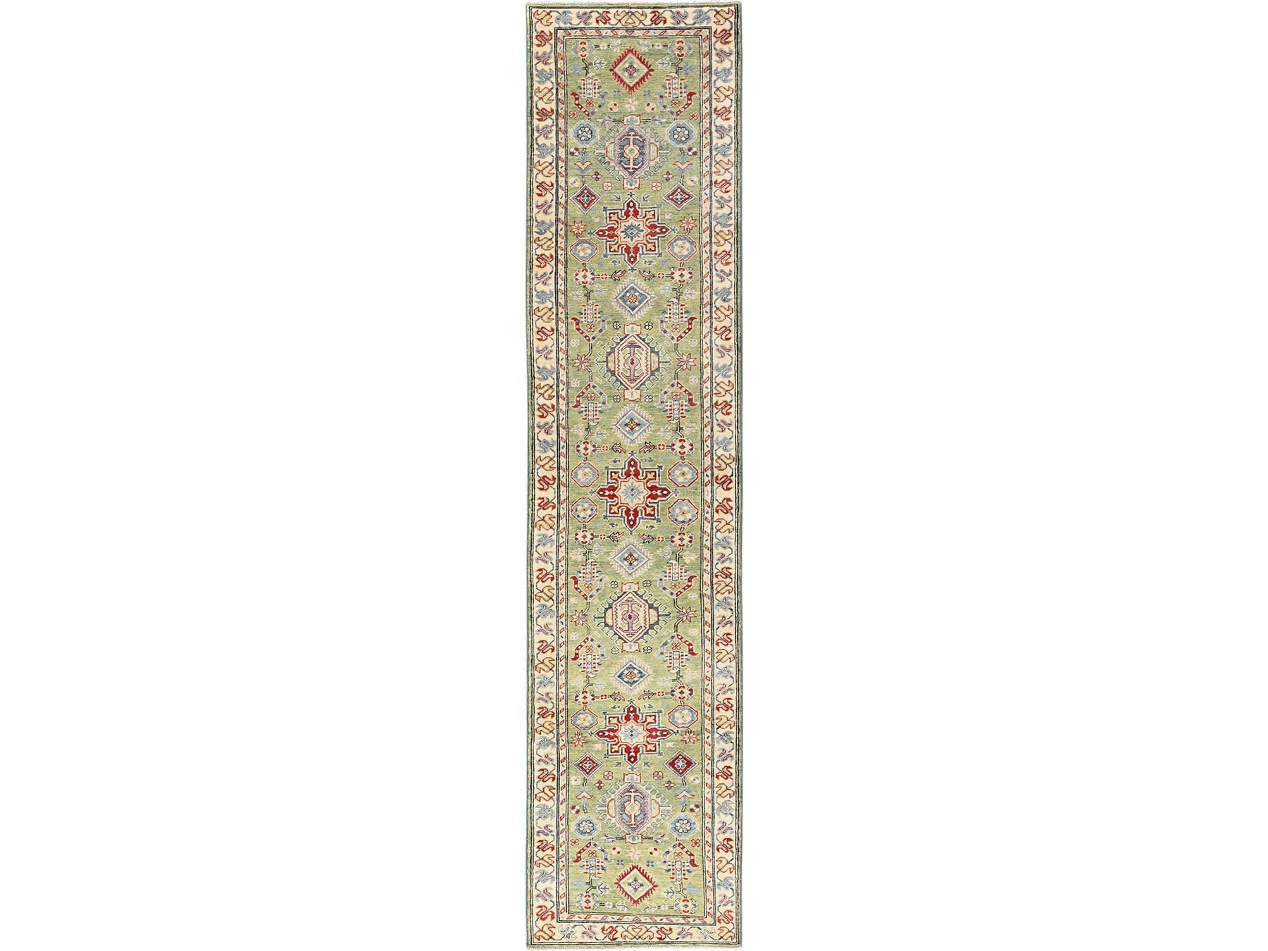 Kazak Tribal hand-knotted wool runner in Green, 2'8" x 12'7", SKU O02028