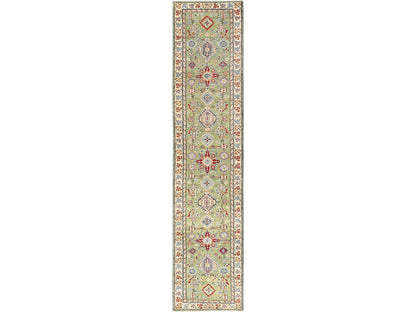 Kazak Tribal hand-knotted wool runner in Green, 2'8" x 12'7", SKU O02028