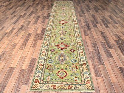 Kazak Tribal hand-knotted wool runner in Green, 2'8" x 12'7", SKU O02028