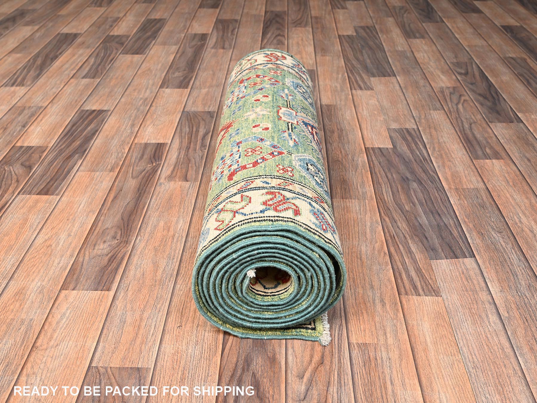 Kazak Tribal hand-knotted wool runner in Green, 2'8" x 12'7", SKU O02028