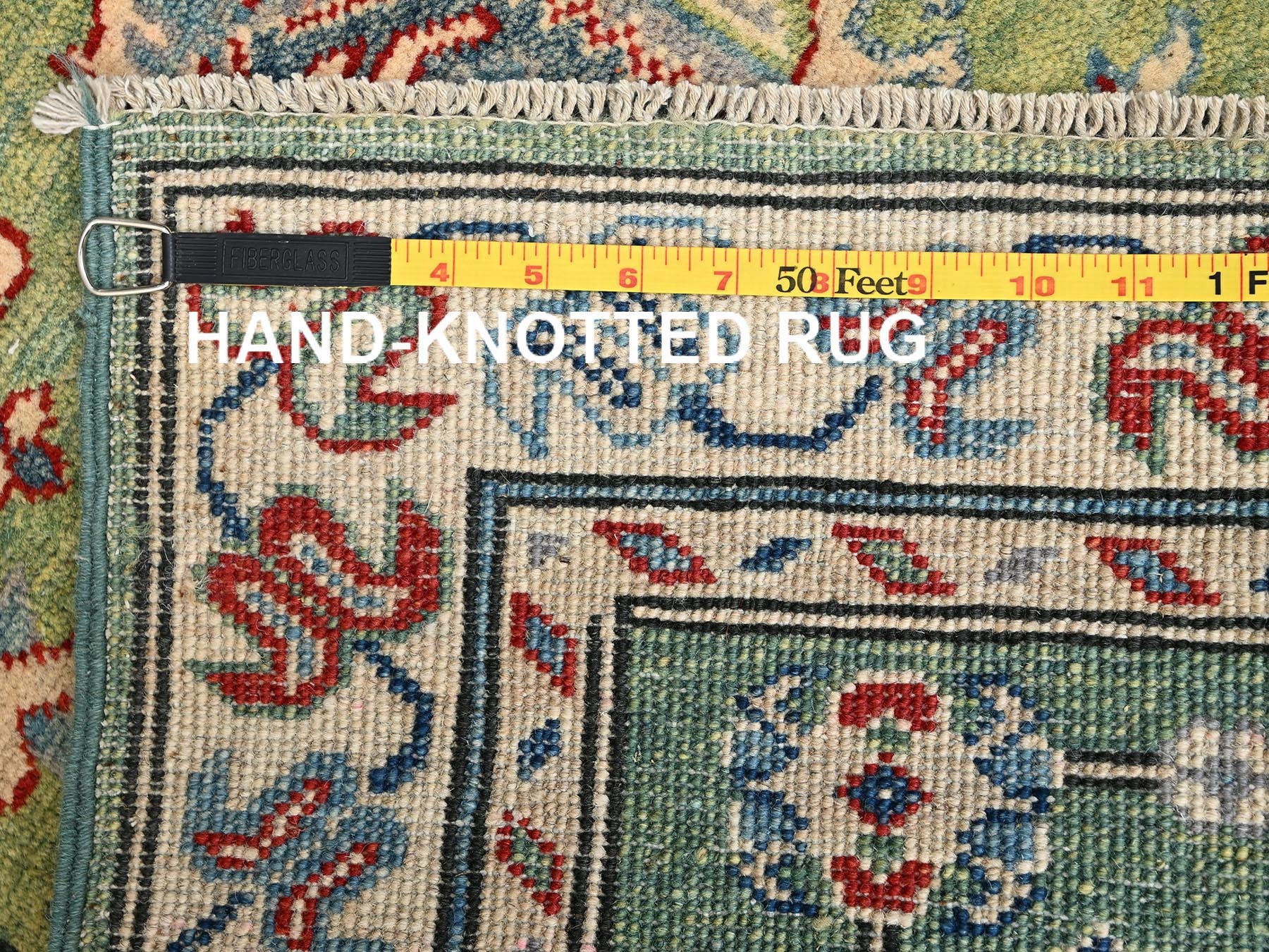 Kazak Tribal hand-knotted wool runner in Green, 2'8" x 12'7", SKU O02028
