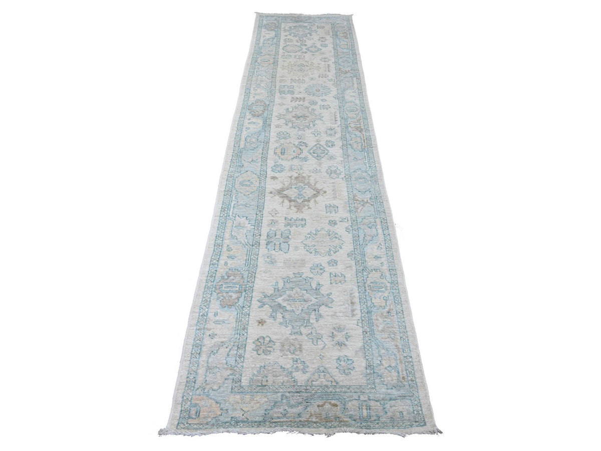 Oushak Oushak hand-knotted wool runner in Ivory & Light Blue, 2'8" x 11'4" — SKU O020300