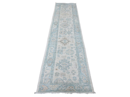 Oushak Oushak hand-knotted wool runner in Ivory & Light Blue, 2'8" x 11'4" — SKU O020300