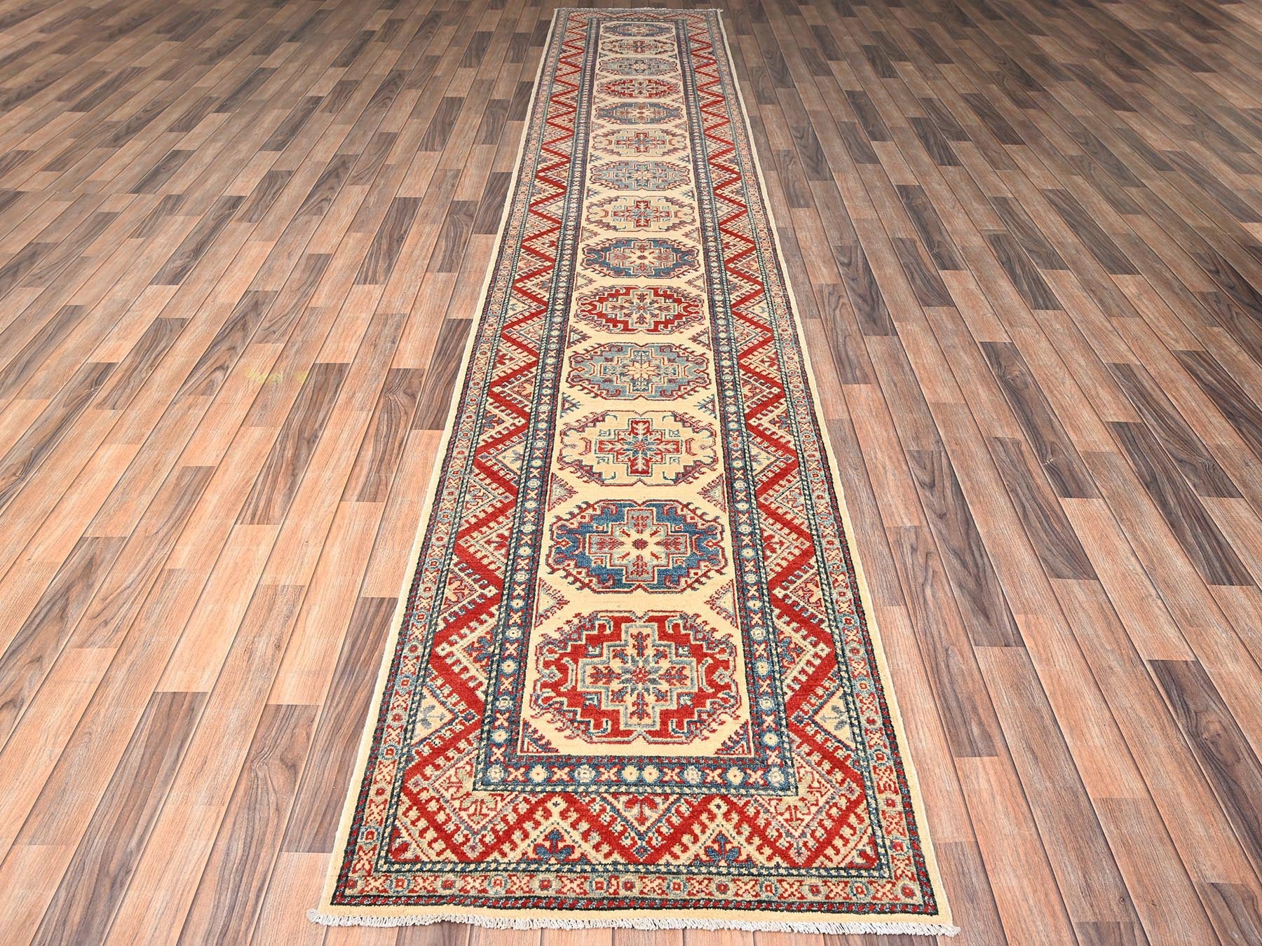 Kazak Kazak hand-knotted wool runner in Ivory, 2'10" x 15'5" — SKU O02030 (view 2)