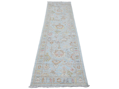 Blue 2'9" x 9'10" Oushak And Peshawar Hand knotted Wool Rug - Sku: O020312
