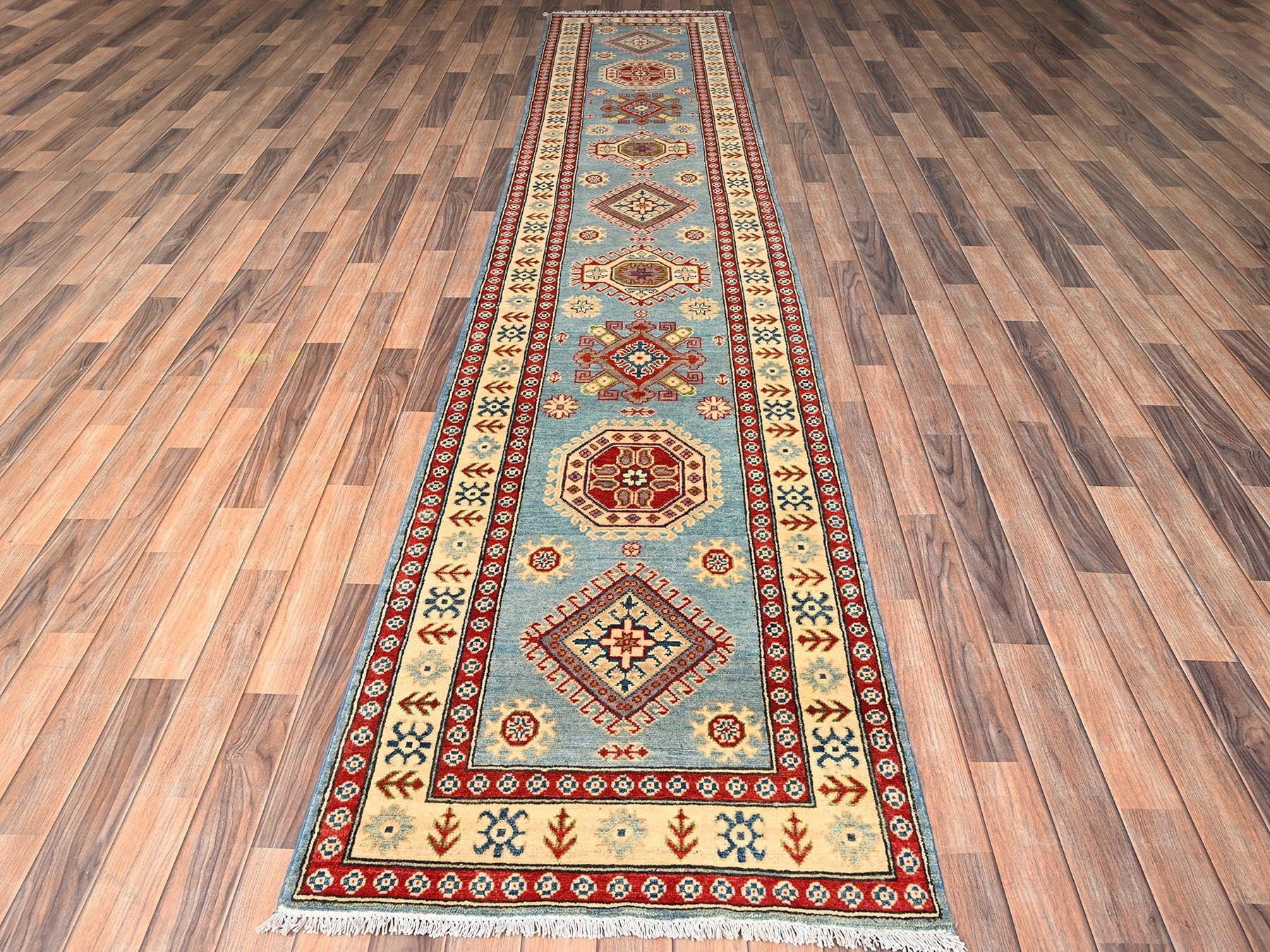 Blue 2'10" x 13'5" Kazak Hand knotted Wool Rug - Sku: O02031