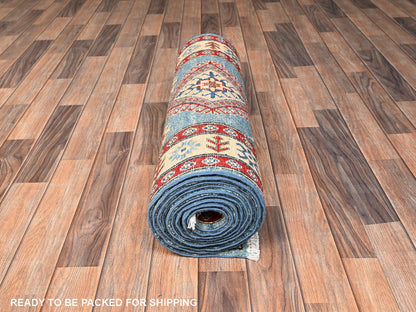 Blue 2'10" x 13'5" Kazak Hand knotted Wool Rug - Sku: O02031