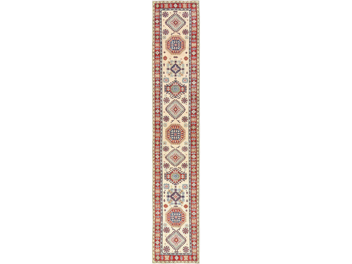 Kazak Kazak hand-knotted wool runner in Ivory & Red, 2'7" x 15'10" — SKU O02032
