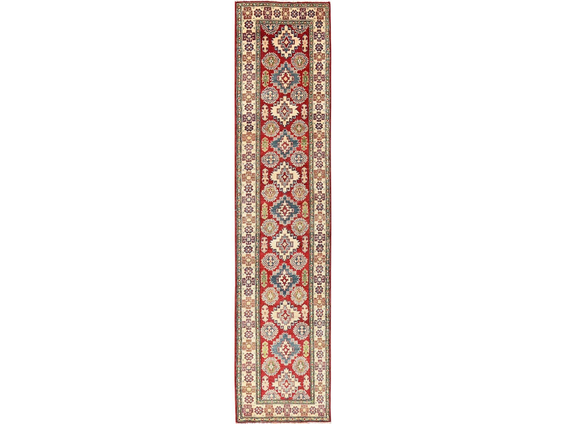 Kazak Kazak hand-knotted wool runner in Red & Ivory, 2'7" x 12'8" — SKU O02034