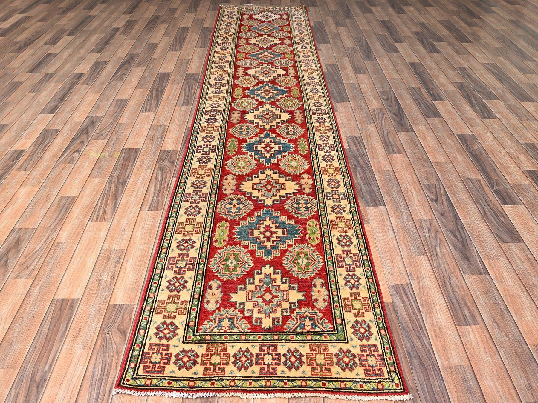 Kazak Kazak hand-knotted wool runner in Red & Ivory, 2'7" x 12'8" — SKU O02034 (view 2)