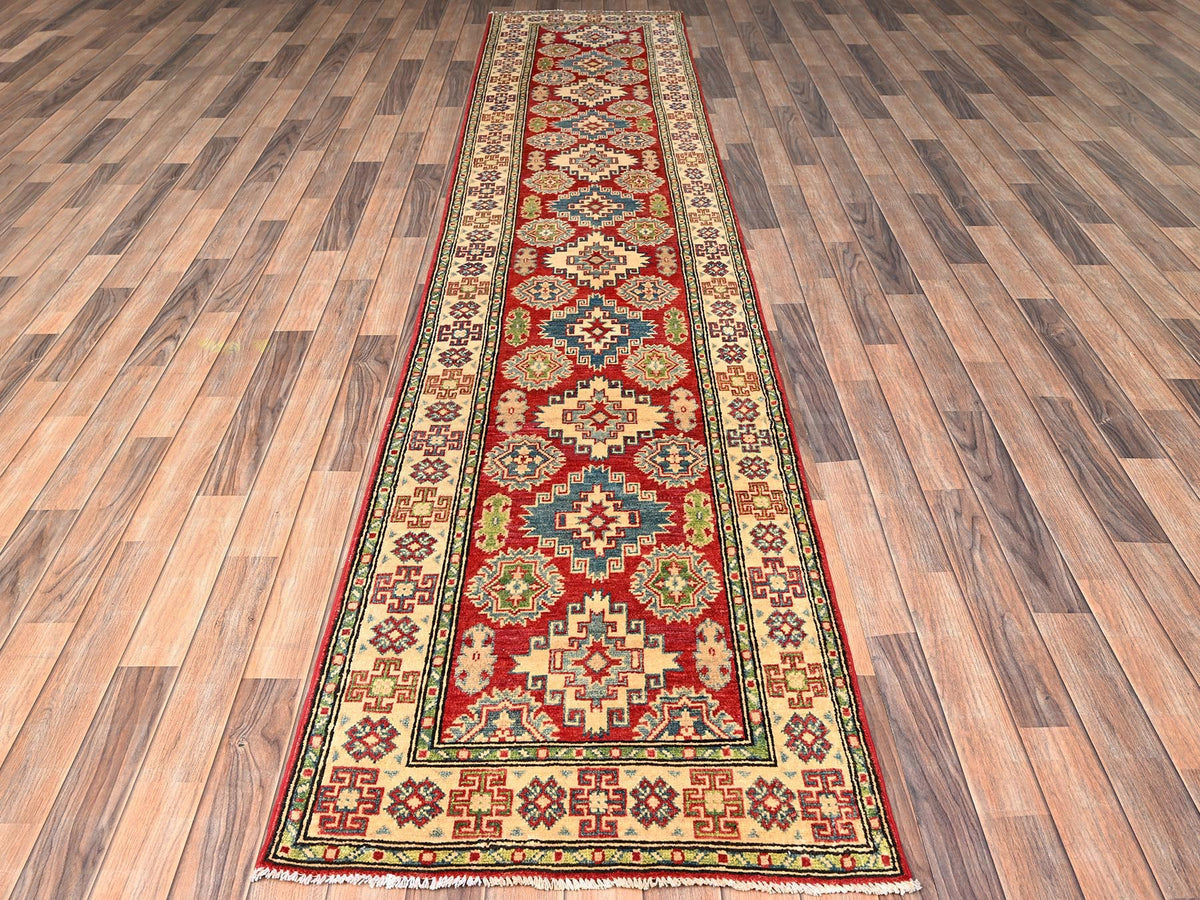 Kazak Kazak hand-knotted wool runner in Red & Ivory, 2'7" x 12'8" — SKU O02034 (view 2)