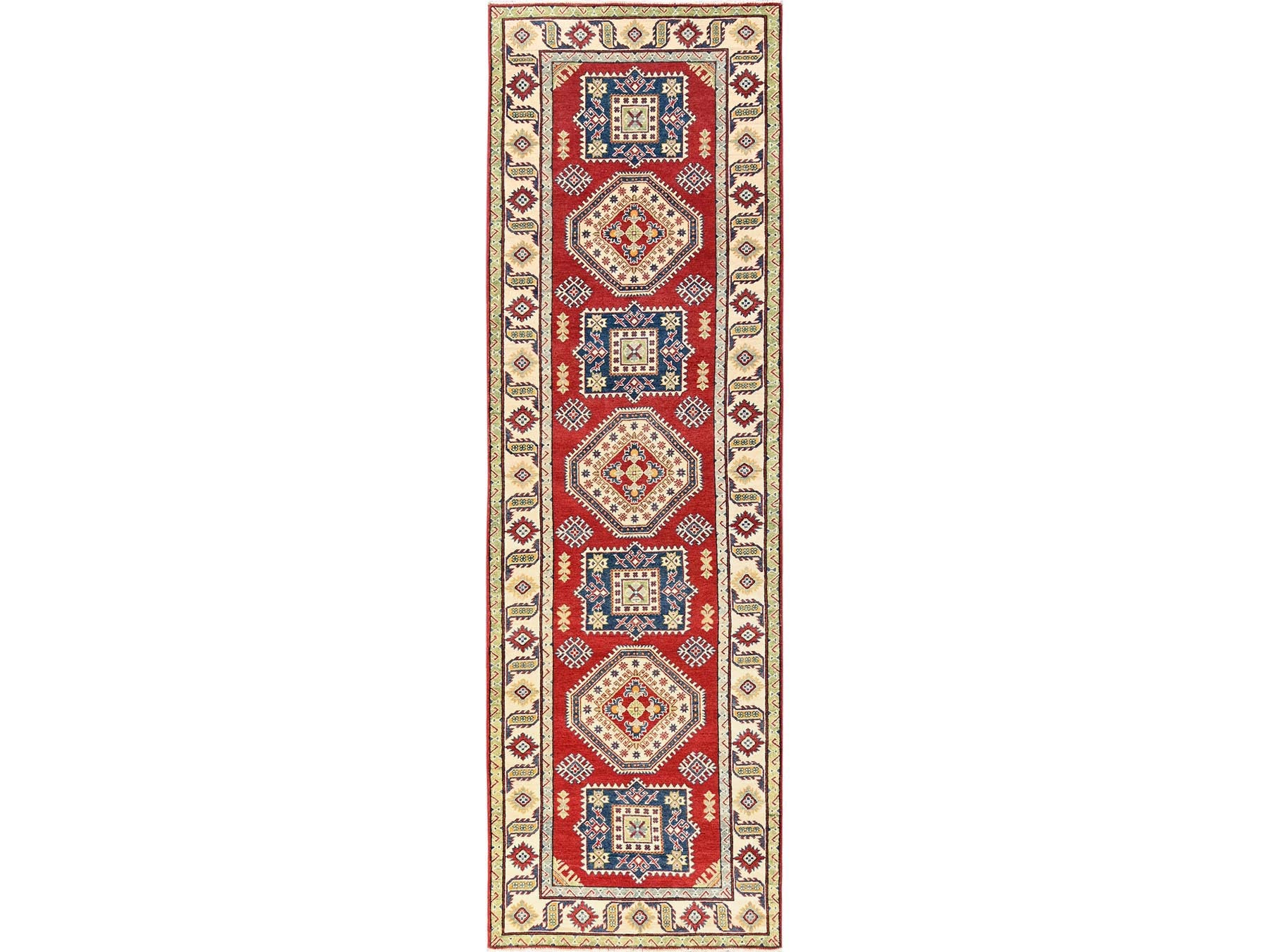 Kazak Kazak hand-knotted wool runner in Red & Ivory, 4' x 13'6" — SKU O02035