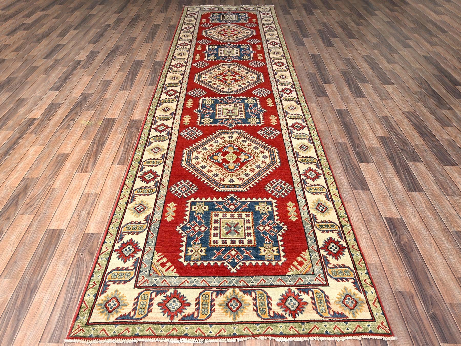 Red 4'0" x 13'6" Kazak Hand knotted Wool Rug - Sku: O02035