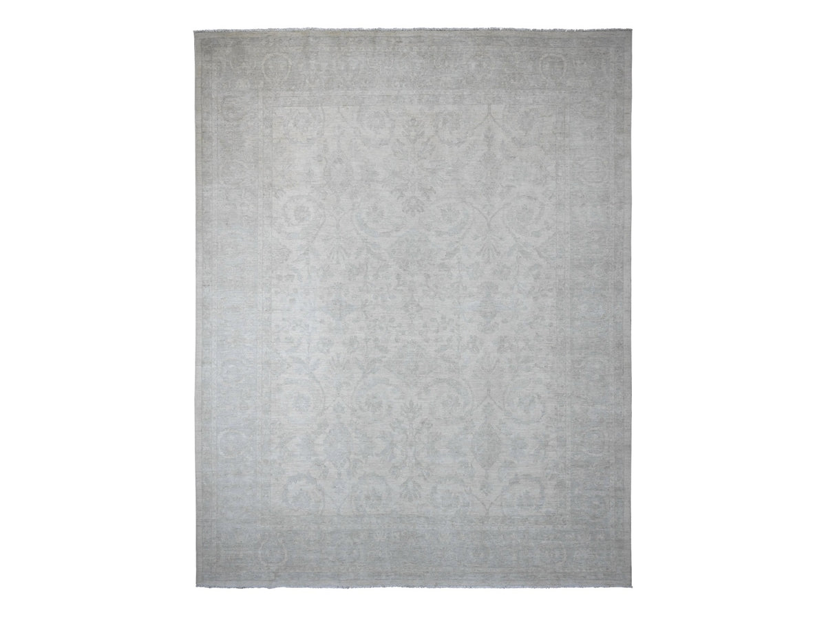 Peshawar Oushak hand-knotted wool rug in Ivory & Light Blue, 12' x 15'1" — SKU O020365
