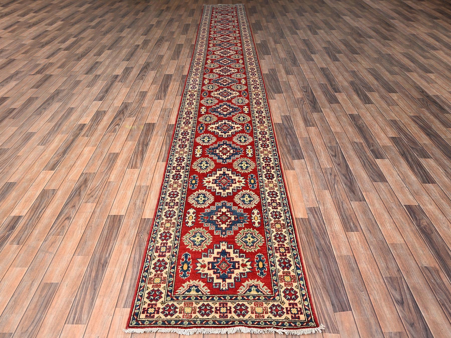 Kazak Kazak hand-knotted wool runner in Red & Ivory, 2'8" x 18'10" — SKU O02036 (view 2)