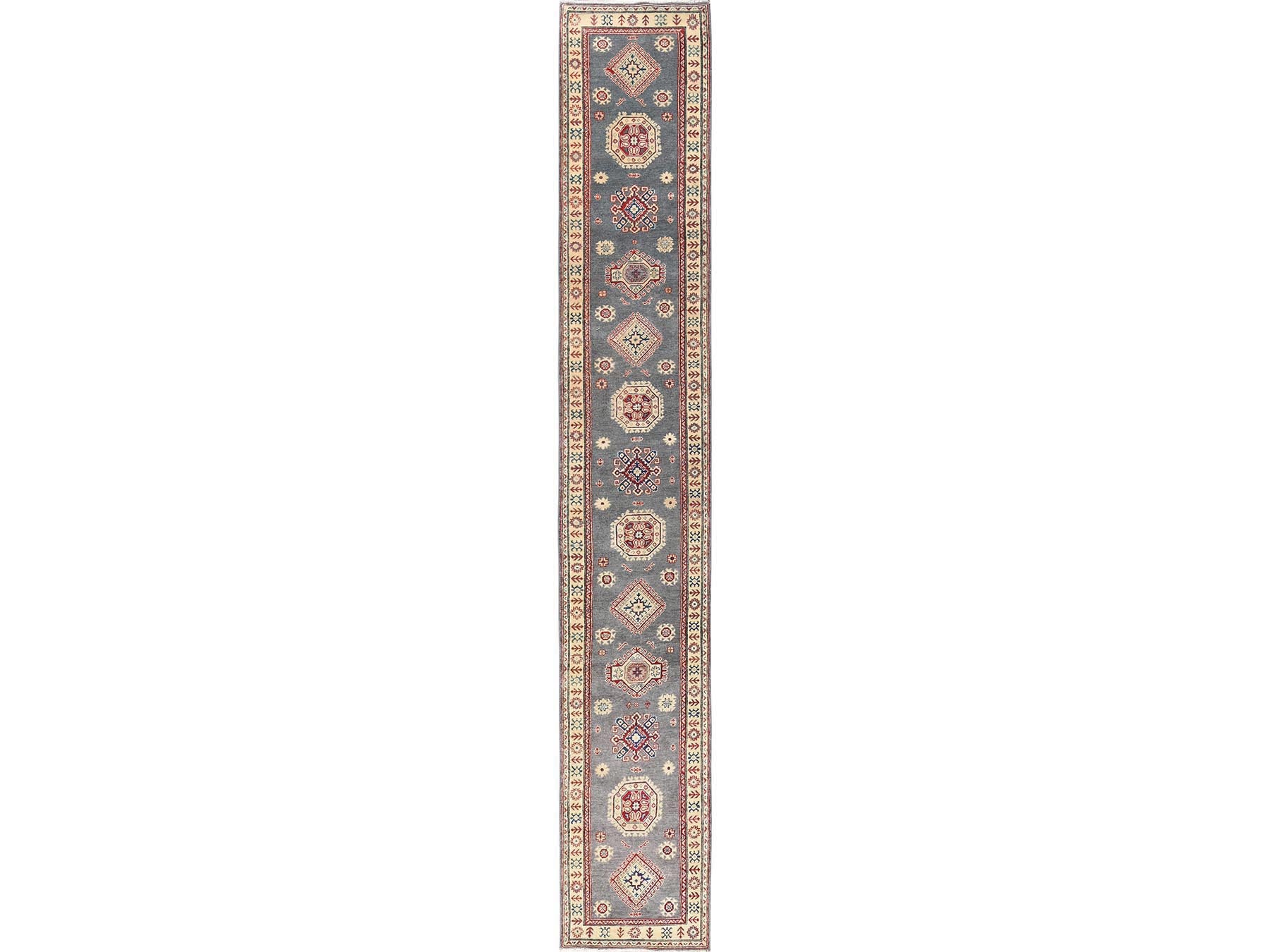 Kazak Kazak hand-knotted wool runner in Gray & Ivory, 2'9" x 18'9" — SKU O02037