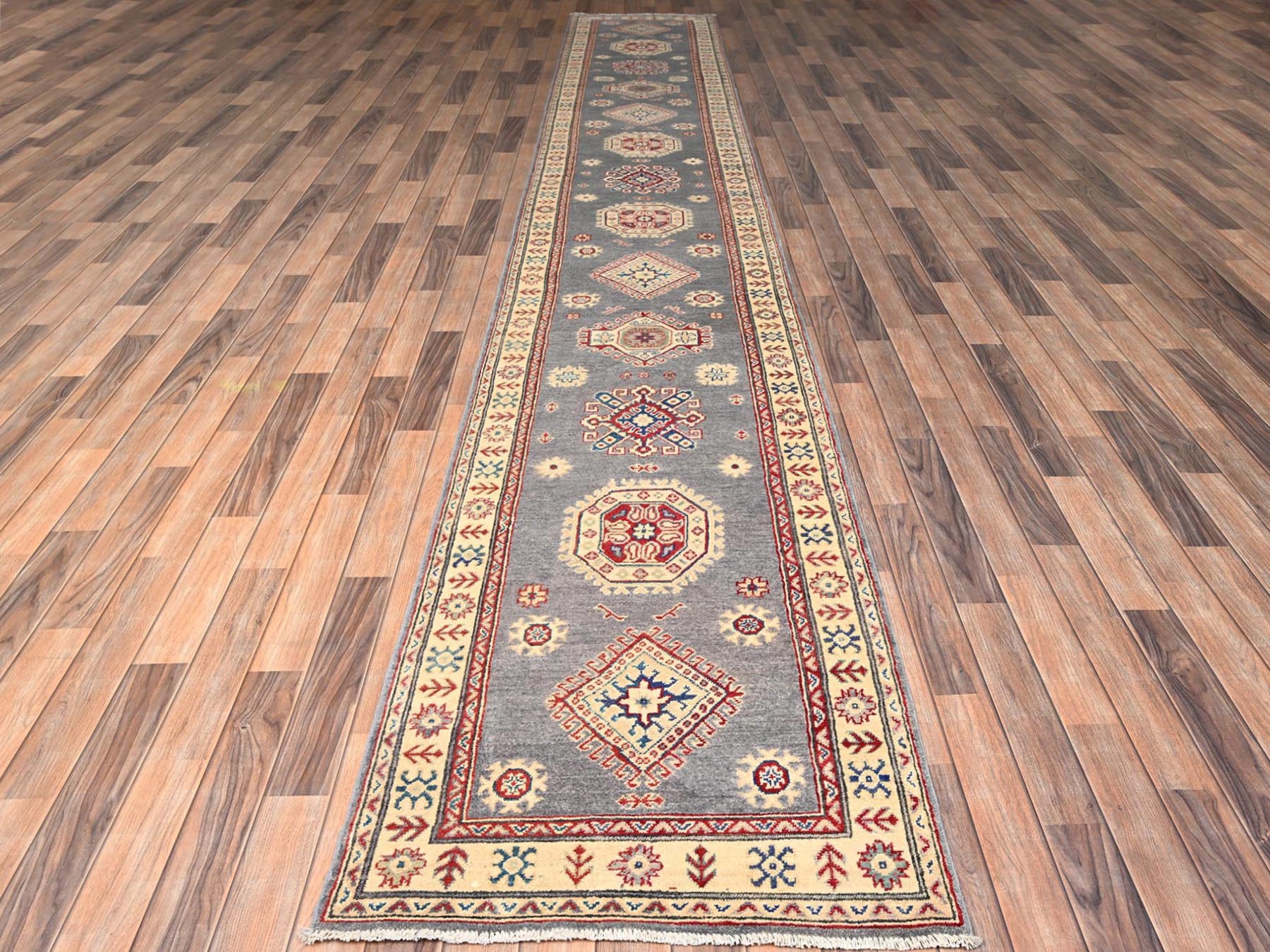 Kazak Kazak hand-knotted wool runner in Gray & Ivory, 2'9" x 18'9" — SKU O02037 (view 2)