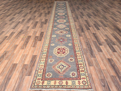 Kazak Kazak hand-knotted wool runner in Gray & Ivory, 2'9" x 18'9" — SKU O02037 (view 2)