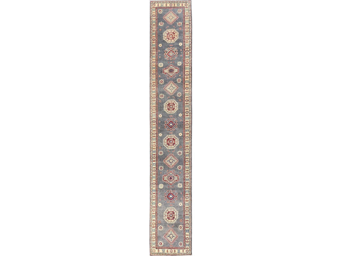 Kazak Kazak hand-knotted wool runner in Gray & Ivory, 2'10" x 18'7" — SKU O02038