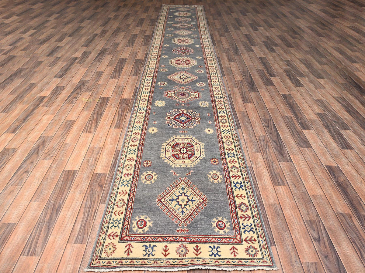 Kazak Kazak hand-knotted wool runner in Gray & Ivory, 2'10" x 18'7" — SKU O02038 (view 2)
