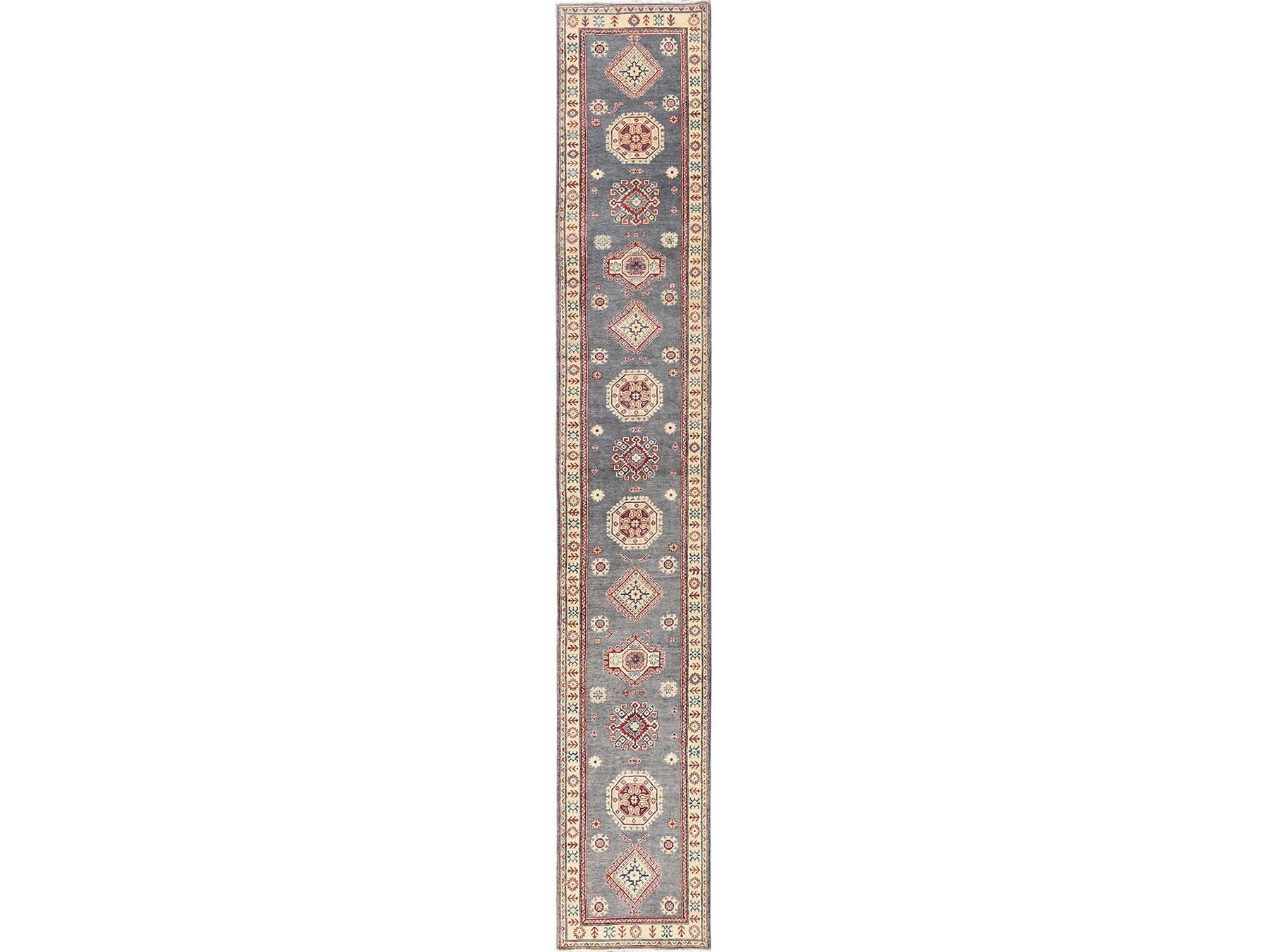 Kazak Kazak hand-knotted wool runner in Gray & Ivory, 2'9" x 18'7" — SKU O02039