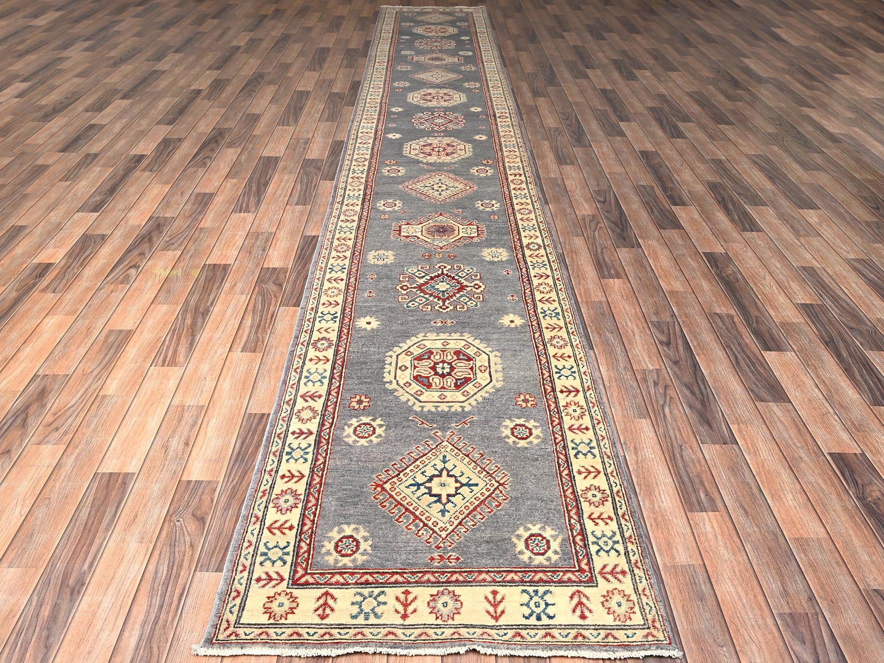 Kazak Kazak hand-knotted wool runner in Gray & Ivory, 2'9" x 18'7" — SKU O02039 (view 2)