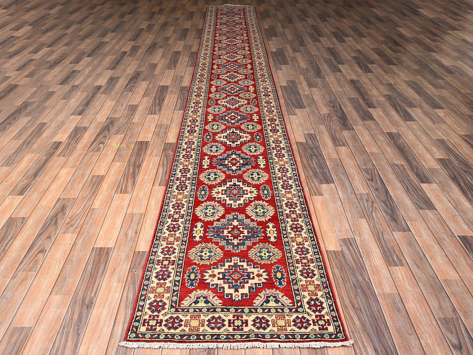Kazak Kazak hand-knotted wool runner in Red & Ivory, 2'5" x 18'9" — SKU O02040 (view 2)