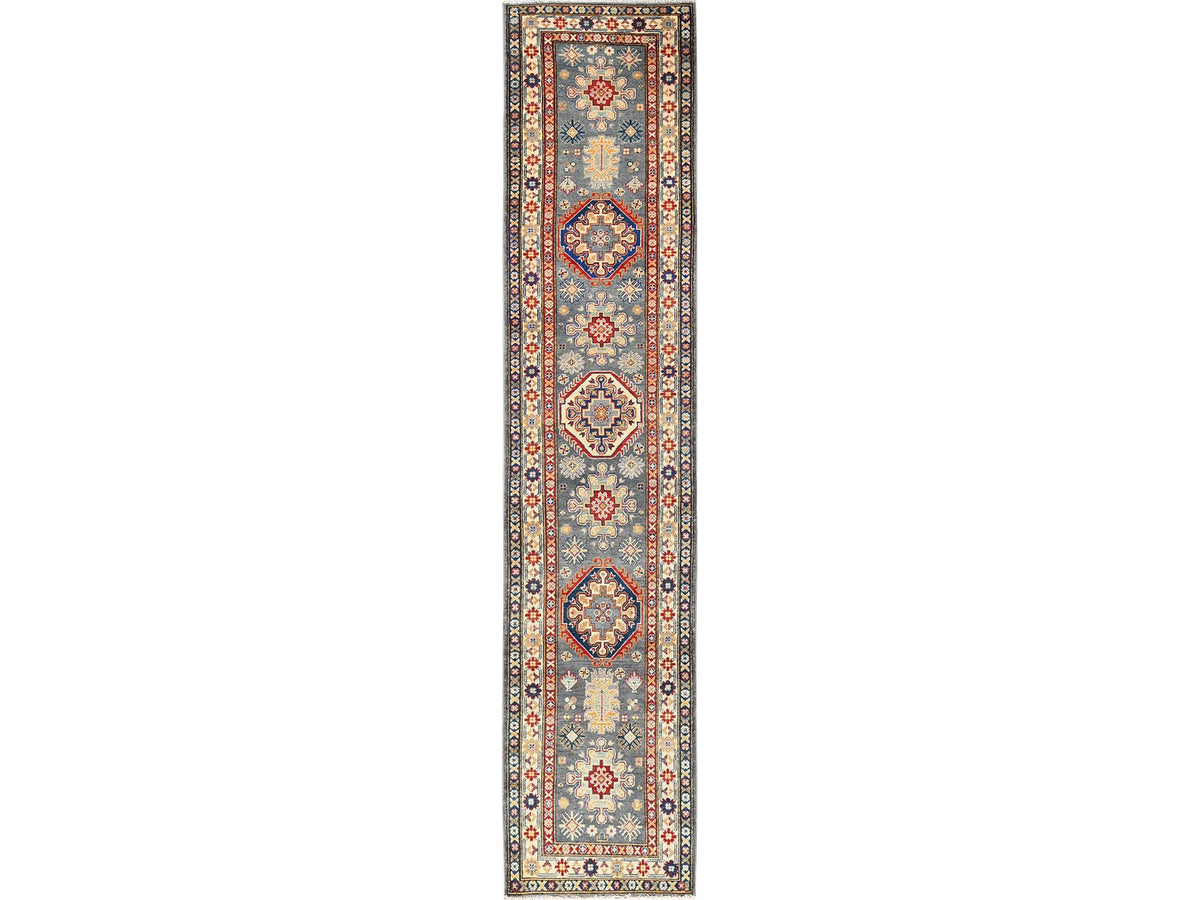 Kazak Kazak hand-knotted wool runner in Gray & Ivory, 2'7" x 12'6" — SKU O02041