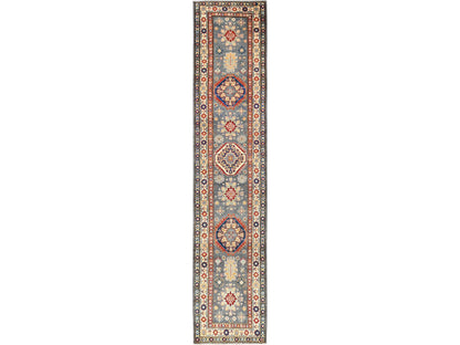 Kazak Kazak hand-knotted wool runner in Gray & Ivory, 2'7" x 12'6" — SKU O02041