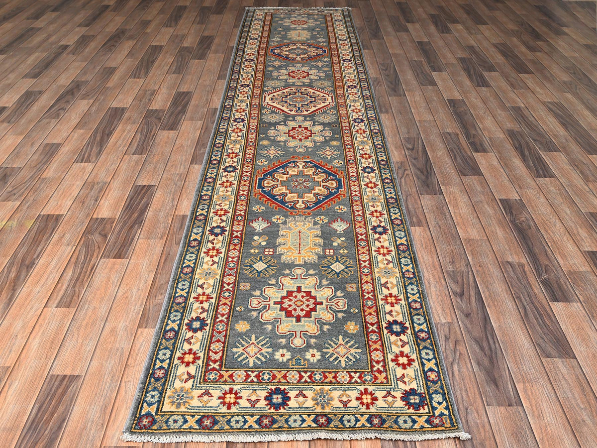 Kazak Kazak hand-knotted wool runner in Gray & Ivory, 2'7" x 12'6" — SKU O02041 (view 2)