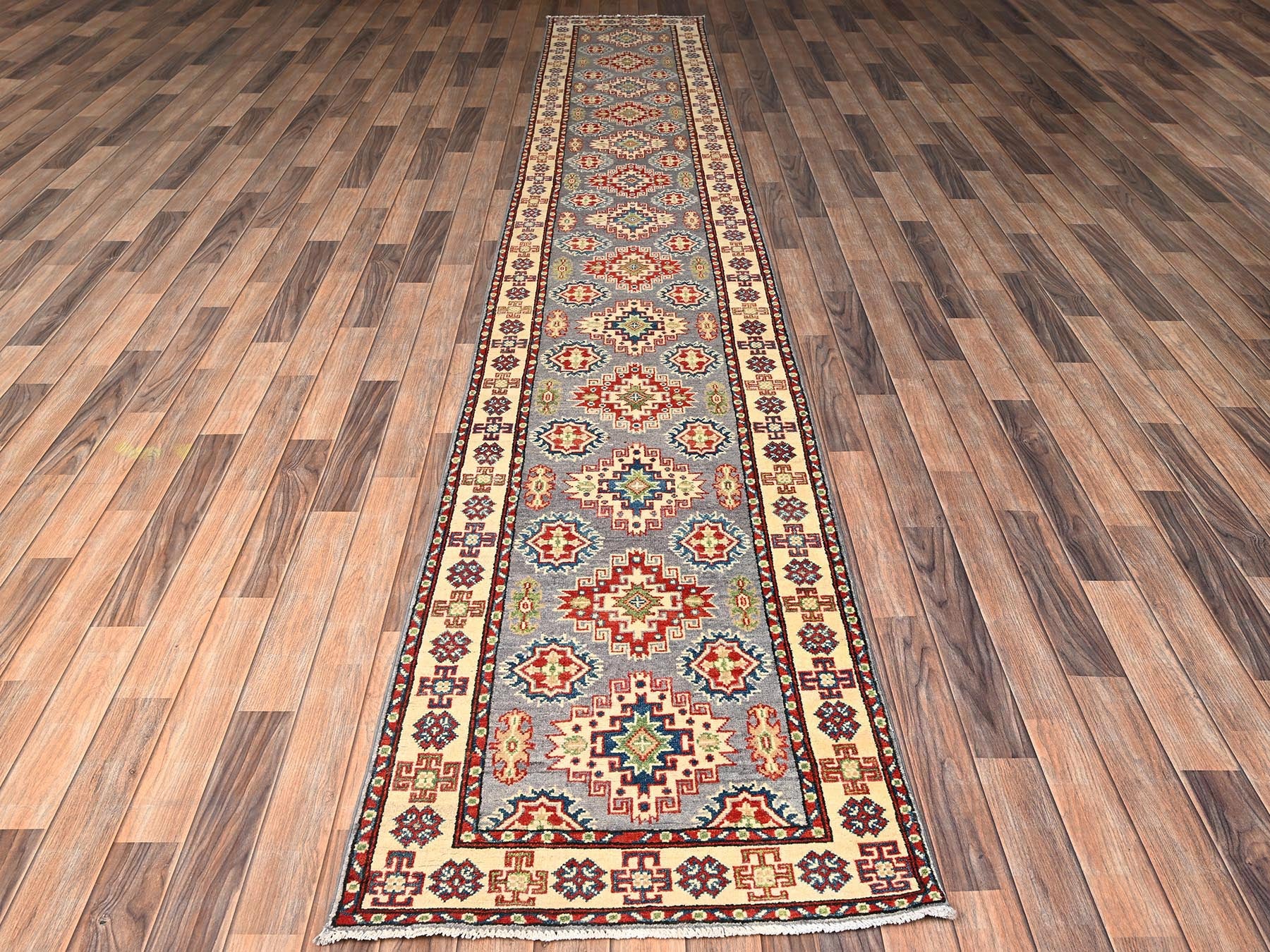 Kazak Kazak hand-knotted wool runner in Gray & Ivory, 2'5" x 15'3" — SKU O02042 (view 2)