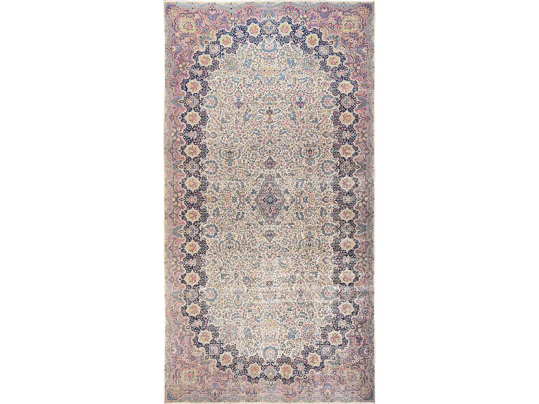 Kerman Vintage hand-knotted wool rug in Ivory, 11'9" x 23' — SKU O02046