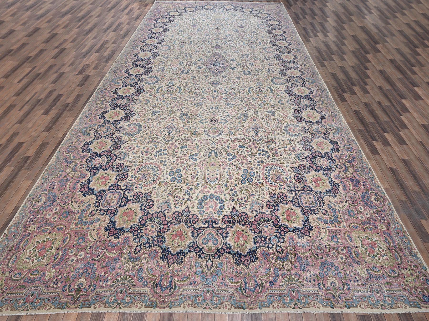 Kerman Vintage hand-knotted wool rug in Ivory, 11'9" x 23' — SKU O02046 (view 2)